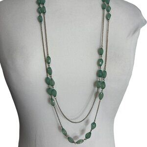Silver Tone Green Beaded Double Strand Necklace Tunic Length 33-35" Classic